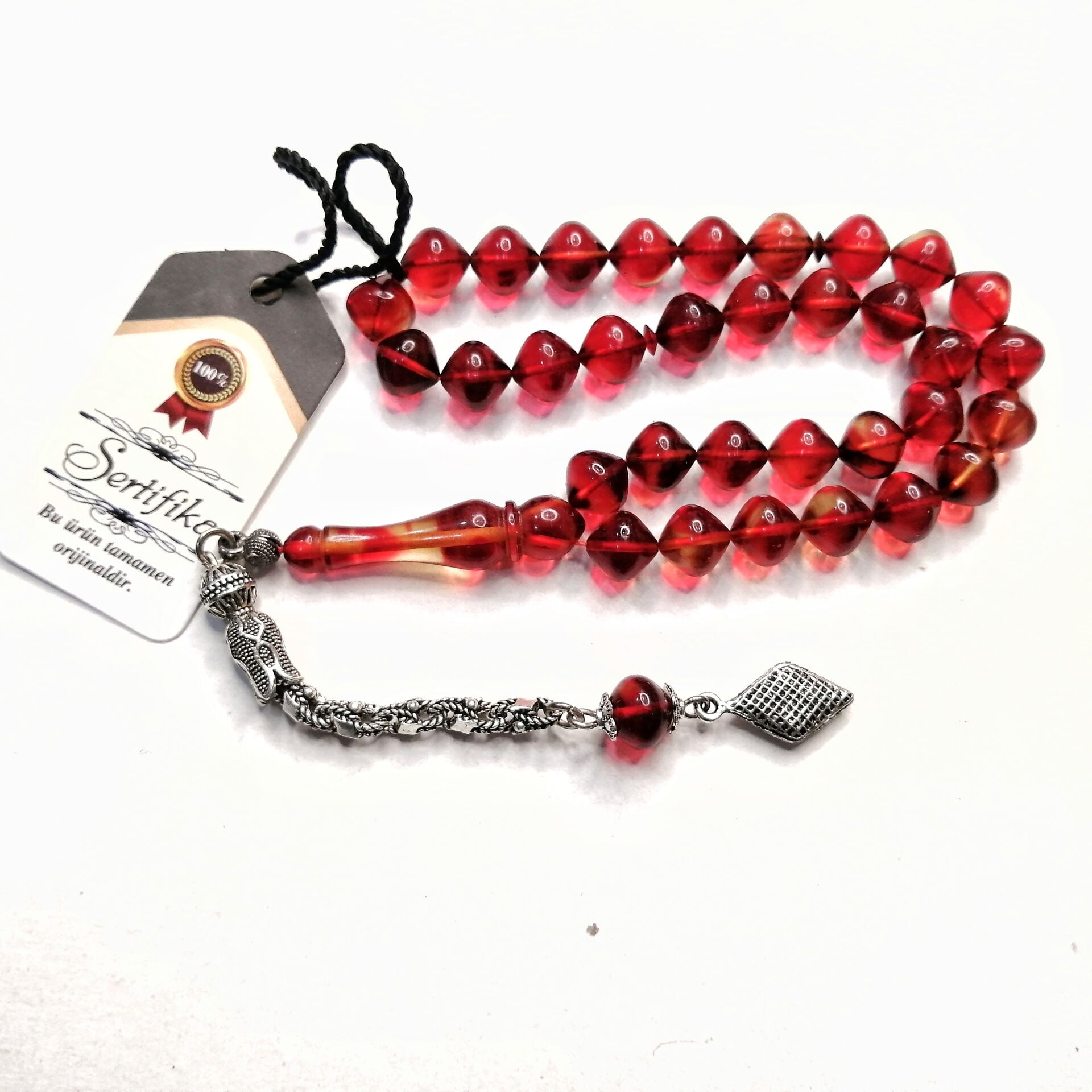 Gümüş Kaplama Alpaka Püsküllü İstanbul Kesim Sıkma Kehribar Tesbih