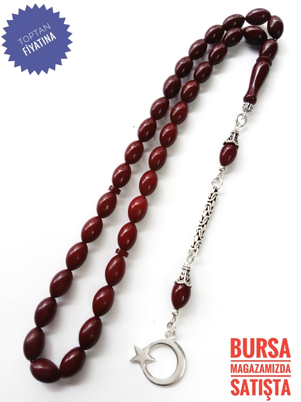 925 Ayar Gümüş Püsküllü Bordo Sıkma Kehribar Tesbih