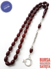 925 Ayar Gümüş Püsküllü Bordo Sıkma Kehribar Tesbih