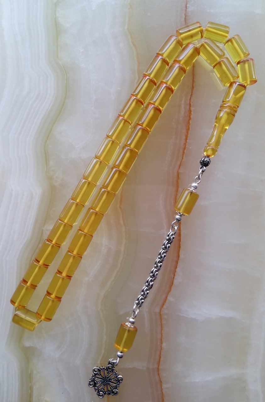 925 Ayar Gümüş Püsküllü Özel İşçilikli Atölye Yapımı Kesme Model Ateş Kehribar Tesbih