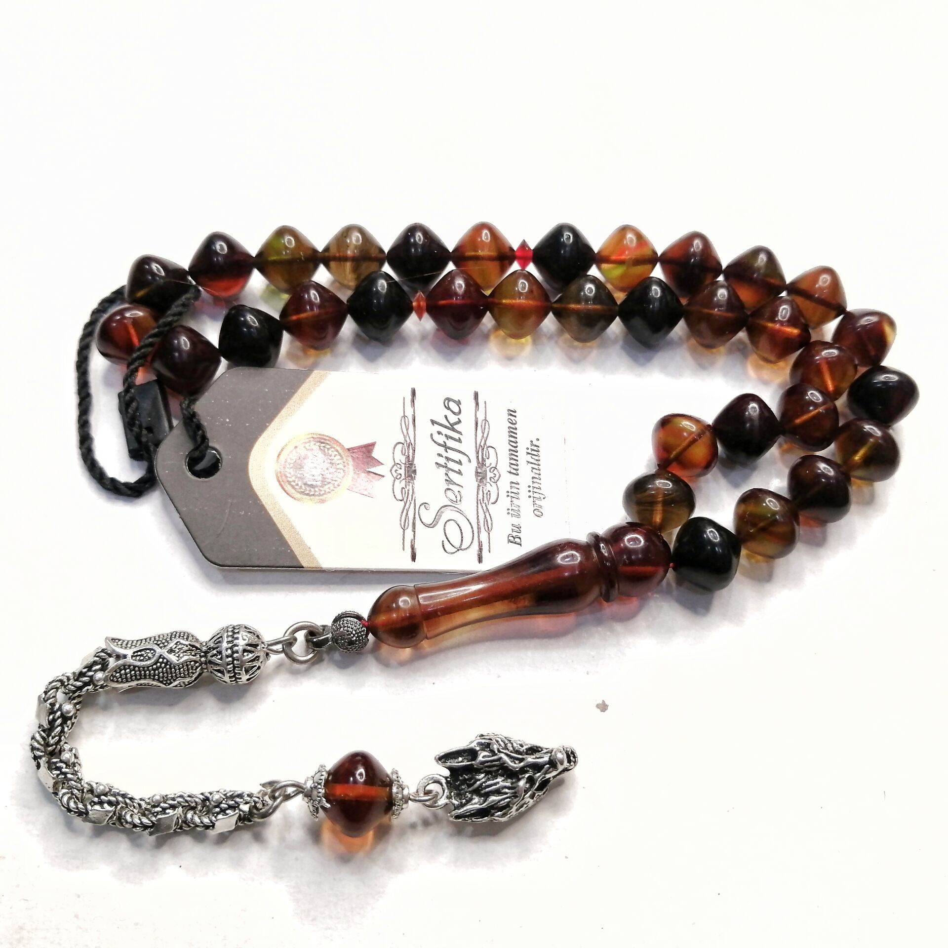 Gümüş Kaplama Alpaka Püsküllü İstanbul Kesim Sıkma Kehribar Tesbih