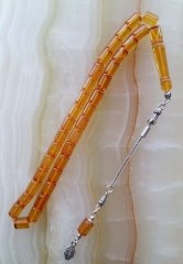 925 Ayar Gümüş Püsküllü Özel İşçilikli Atölye Yapımı Kesme Model Sıkma Kehribar Tesbih