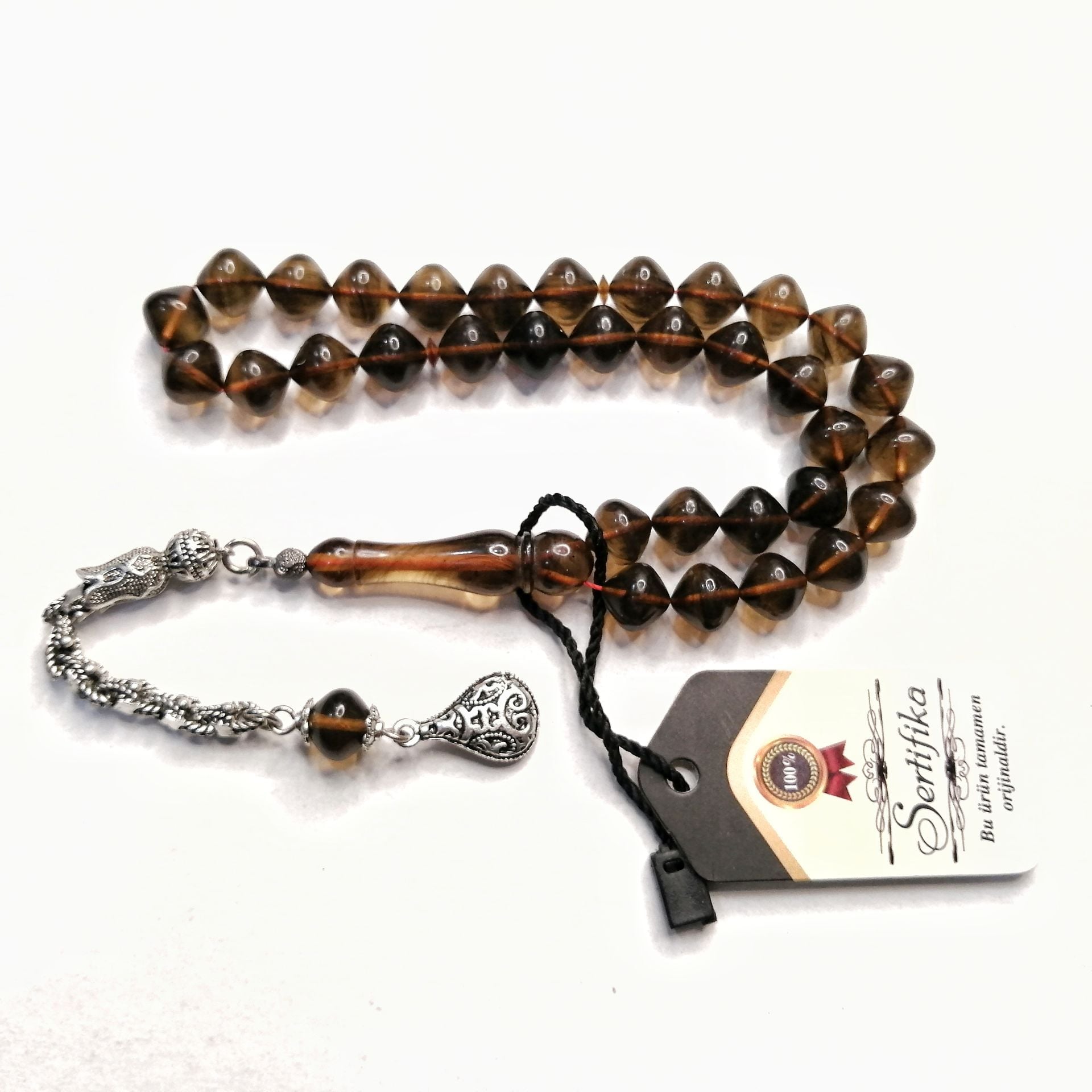 Gümüş Kaplama Alpaka Püsküllü İstanbul Kesim Sıkma Kehribar Tesbih