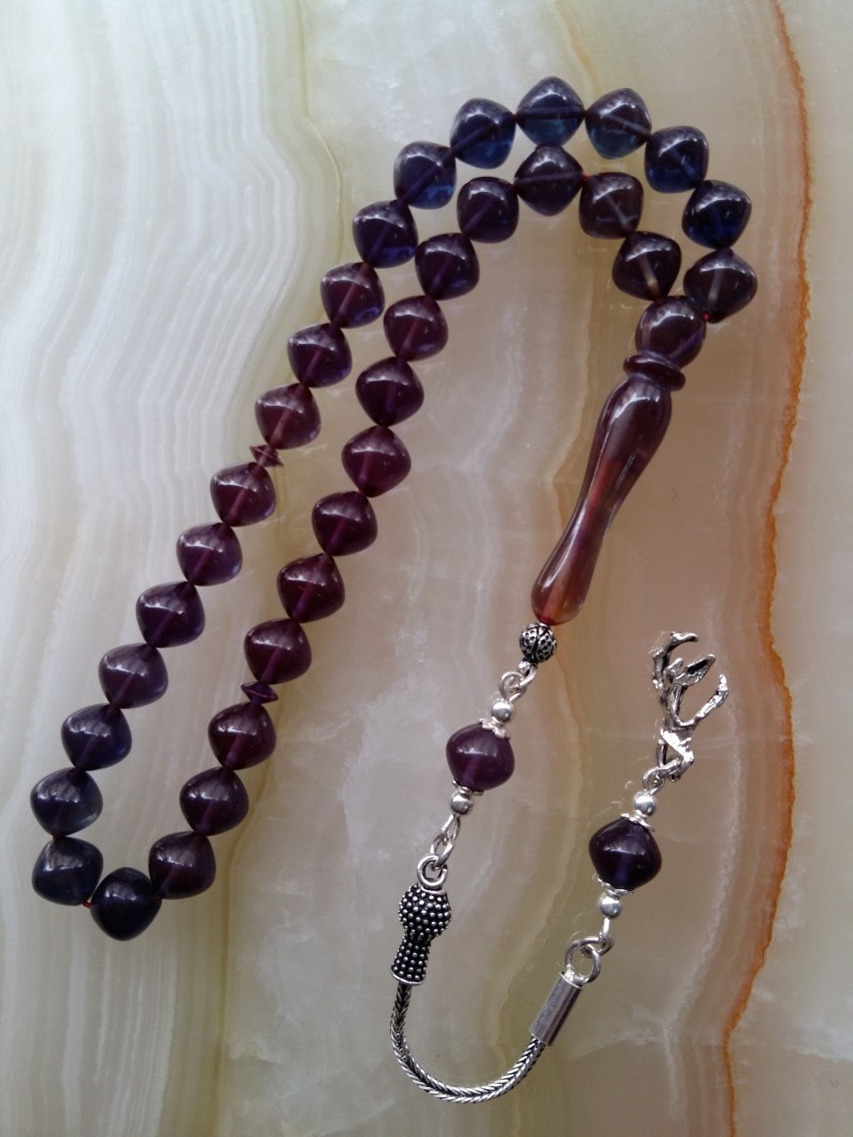 925 Ayar Gümüş Püsküllü Özel İşçilikli Atölye Yapımı Istanbul Kesim Ateş Kehribar Tesbih