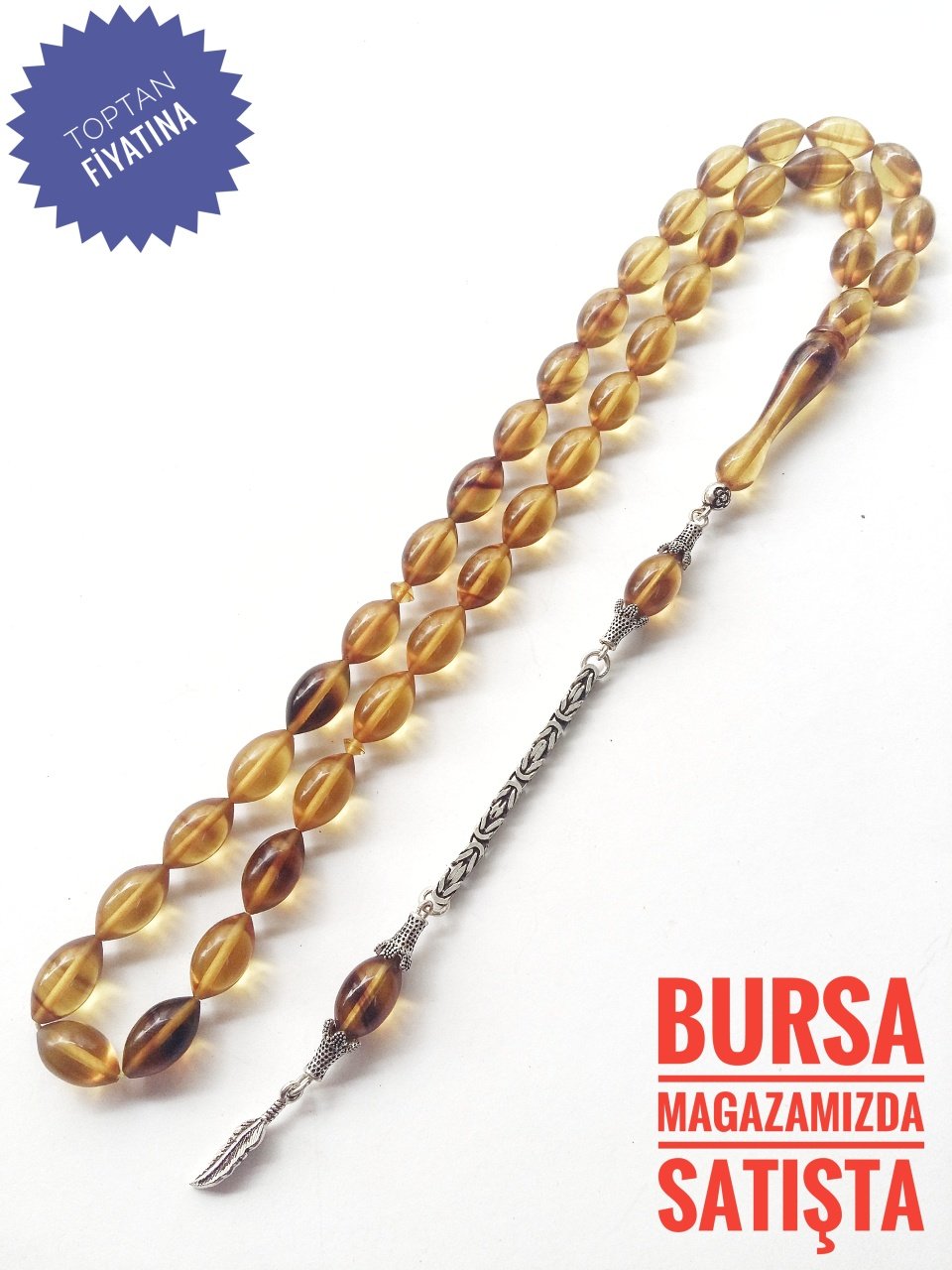 925 Ayar Gümüş Püsküllü Hareli Sıkma Kehribar Tesbih