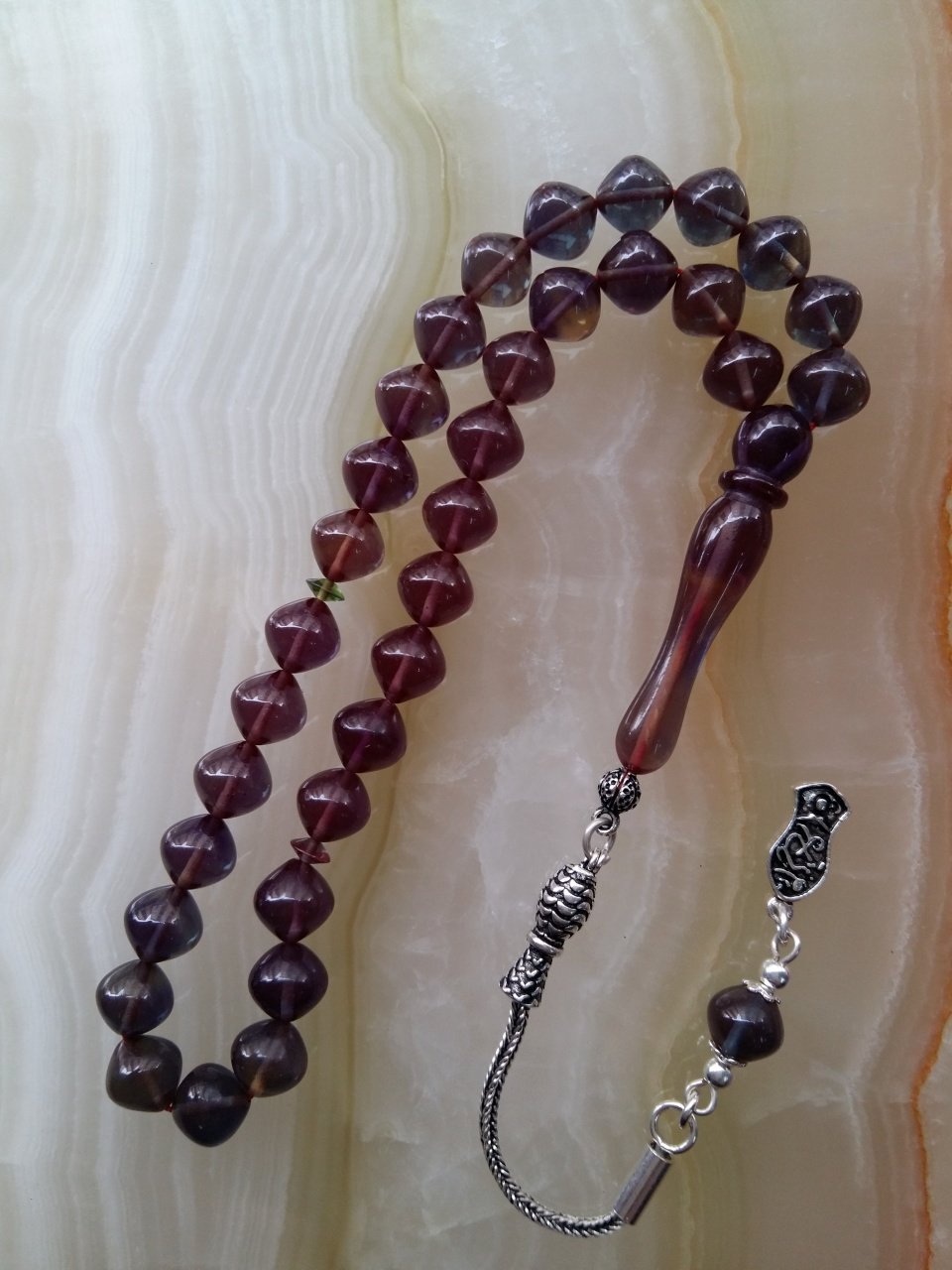 925 Ayar Gümüş Püsküllü Özel İşçilikli Atölye Yapımı Istanbul Kesim Ateş Kehribar Tesbih