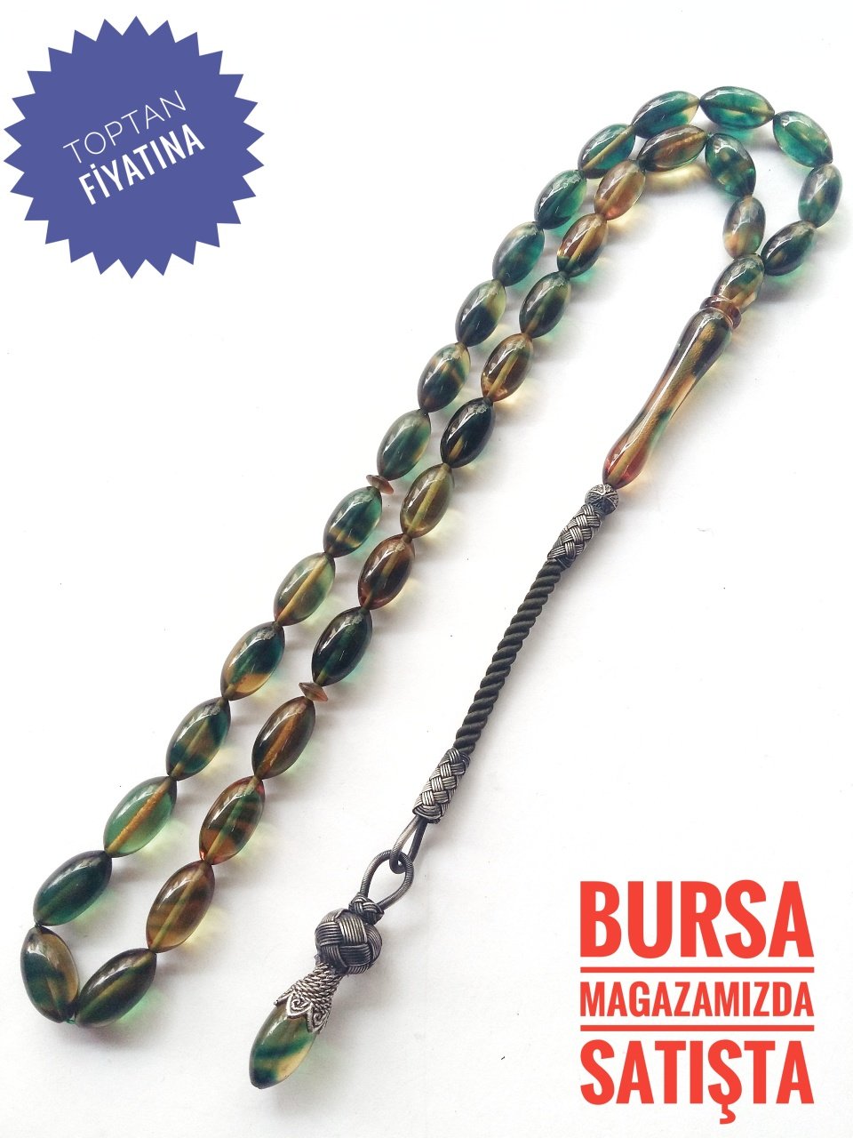 925 Ayar Gümüş Püsküllü Hareli Sıkma Kehribar Tesbih