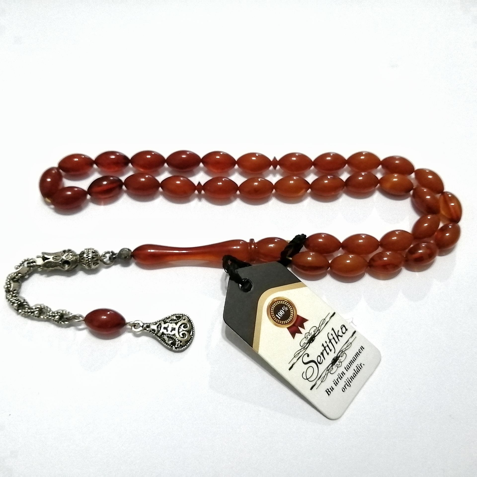 Gümüş Kaplama Alpaka Püsküllü Beyzi Kesim Sıkma Kehribar Tesbih