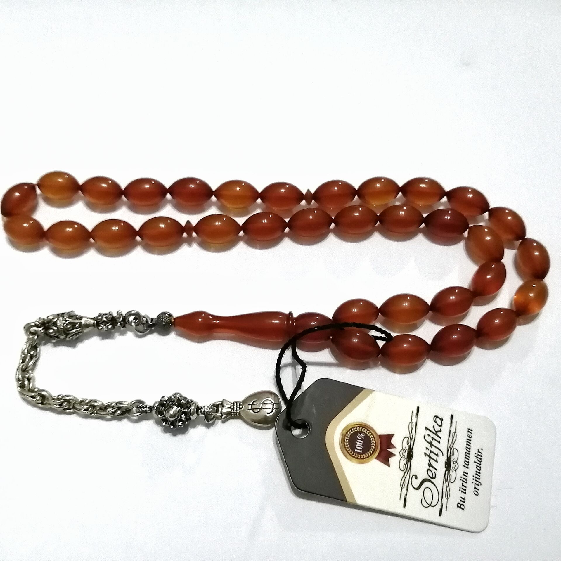 Gümüş Kaplama Alpaka Püsküllü Beyzi Kesim Sıkma Kehribar Tesbih