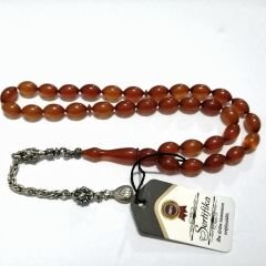 Gümüş Kaplama Alpaka Püsküllü Beyzi Kesim Sıkma Kehribar Tesbih