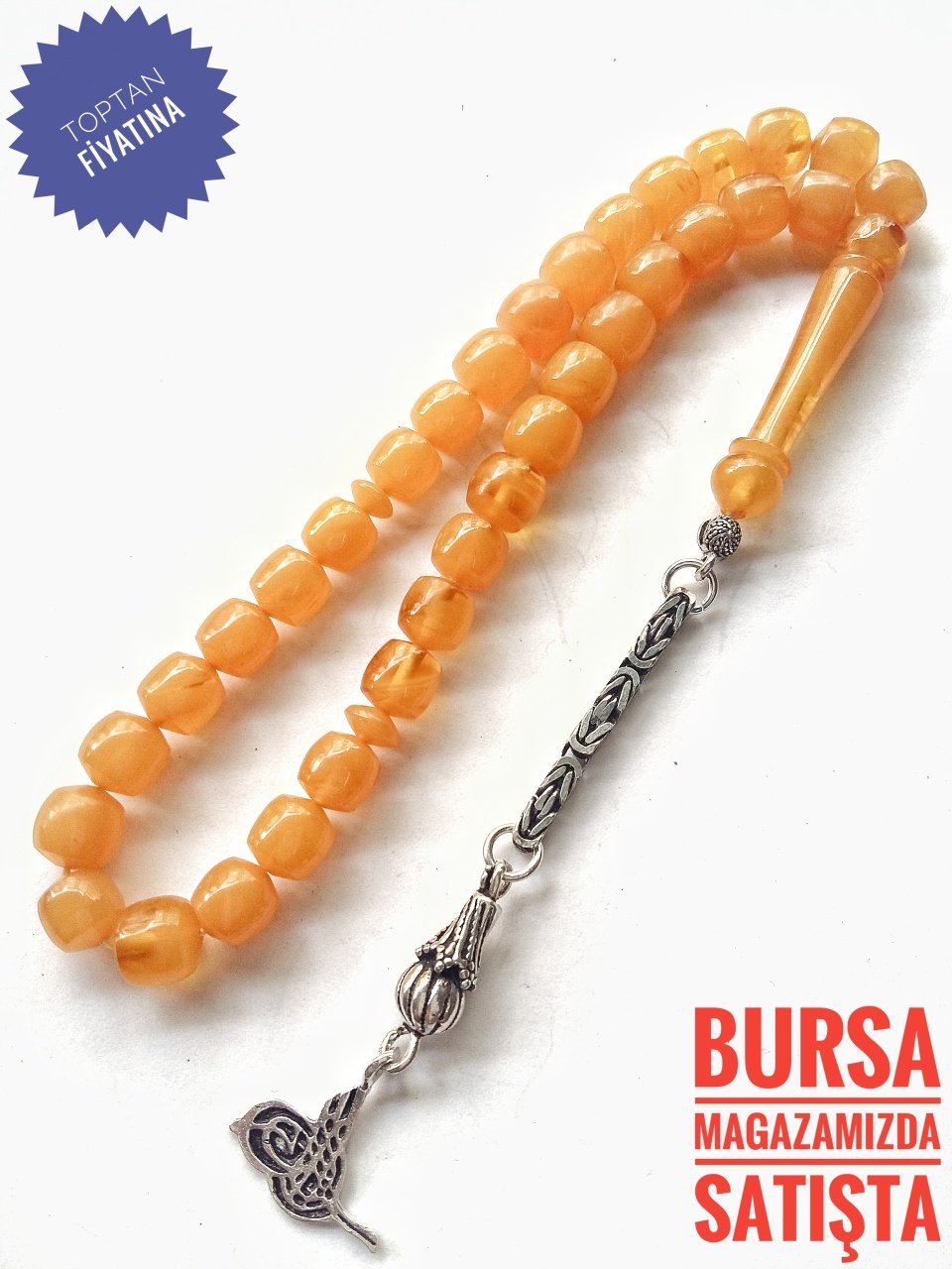 925 Ayar Gümüş Püsküllü Hareli Sıkma Kehribar Tesbih