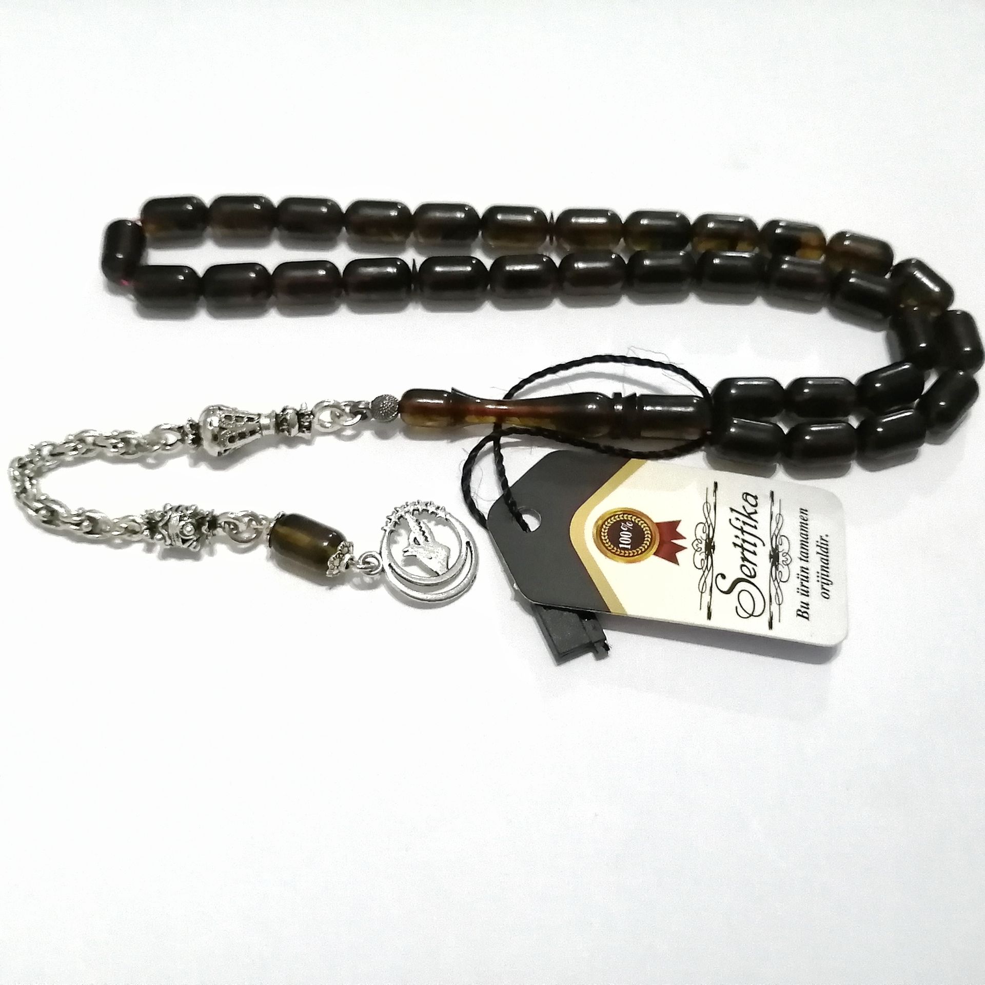 Gümüş Kaplama Alpaka Püsküllü Kapsül Kesim Sıkma Kehribar Tesbih