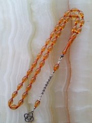 925 Ayar Gümüş Püsküllü Özel İşçilikli Atölye Yapımı Beyzi Kesim Ateş Kehribar Tesbih