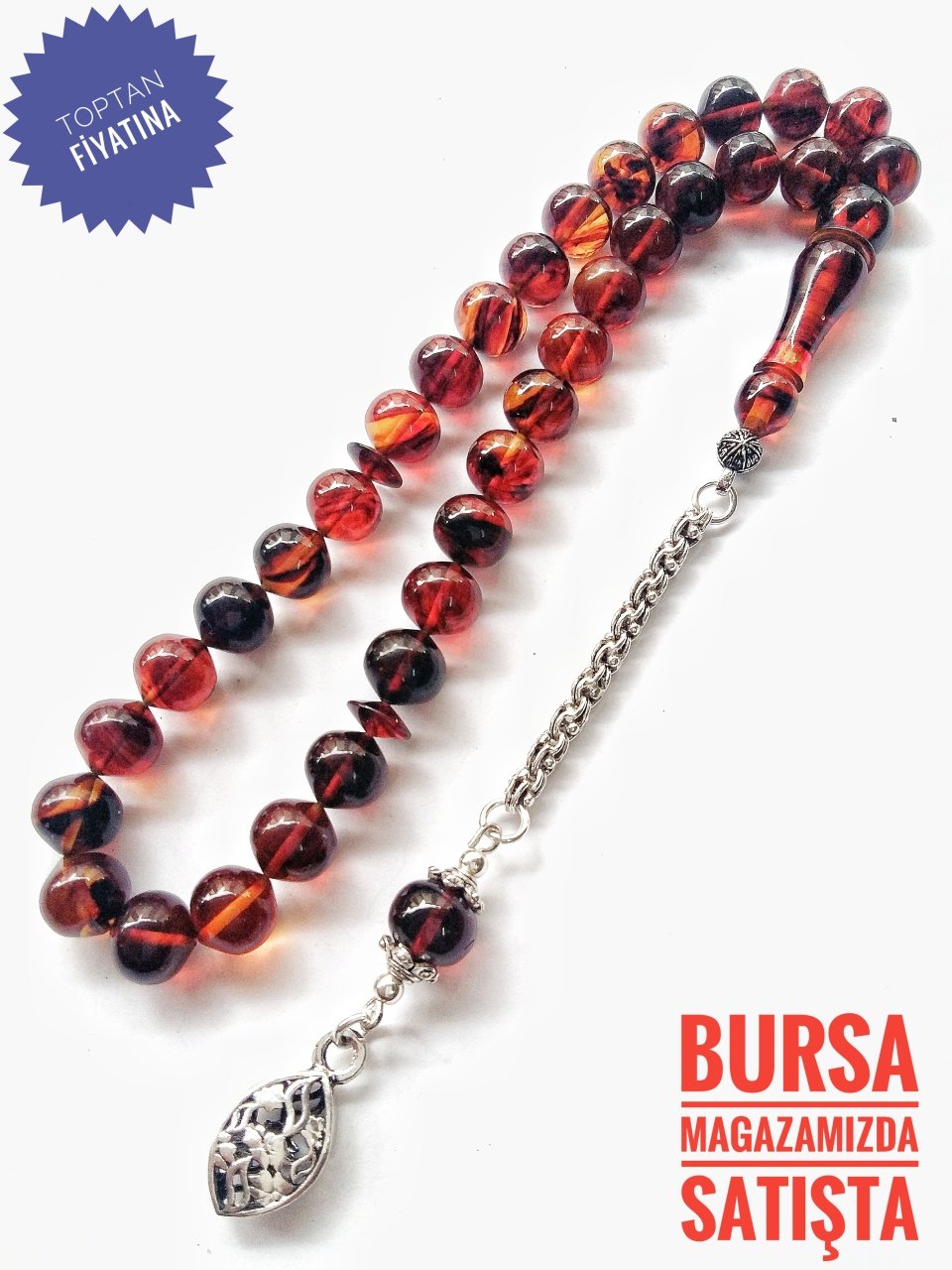 925 Ayar Gümüş Püsküllü Hareli Sıkma Kehribar Tesbih