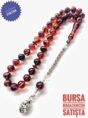 925 Ayar Gümüş Püsküllü Hareli Sıkma Kehribar Tesbih