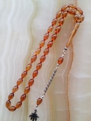 925 Ayar Gümüş Püsküllü Özel İşçilikli Atölye Yapımı Beyzi Kesim Ateş Kehribar Tesbih