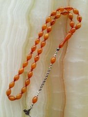 925 Ayar Gümüş Püsküllü Özel İşçilikli Atölye Yapımı Beyzi Kesim Hareli Sıkma Kehribar Tesbih