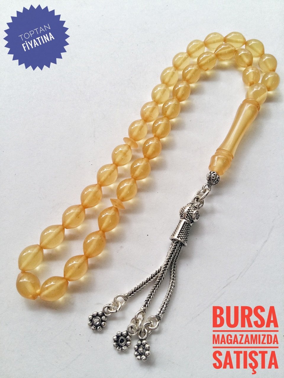 925 Ayar Gümüş Püsküllü Sıkma Kehribar Tesbih