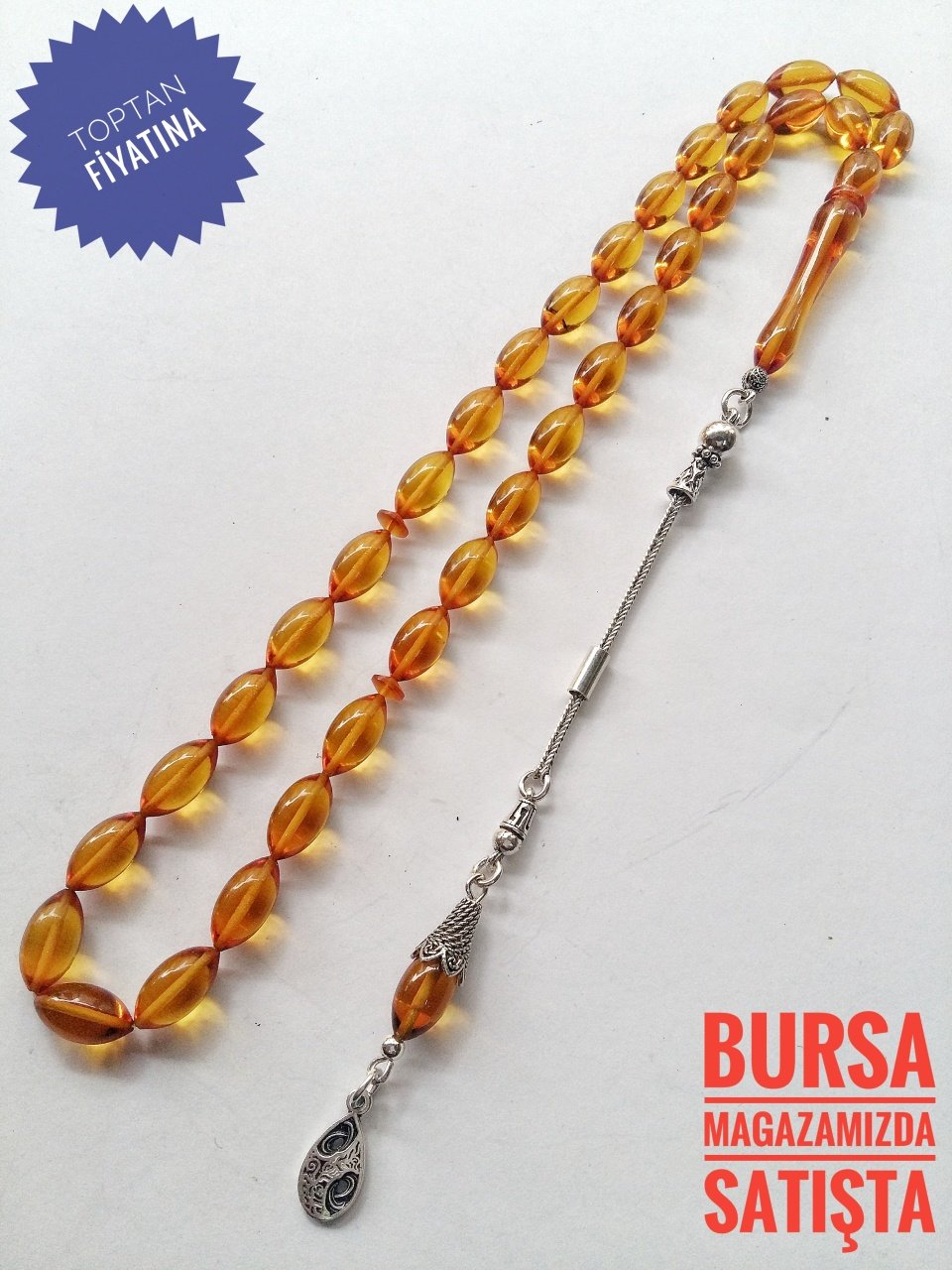 925 Ayar Gümüş Püsküllü Beyzi Kesim Sıkma Kehribar Tesbih