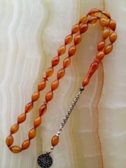 925 Ayar Gümüş Püsküllü Özel İşçilikli Atölye Yapımı Beyzi Kesim Hareli Sıkma Kehribar Tesbih