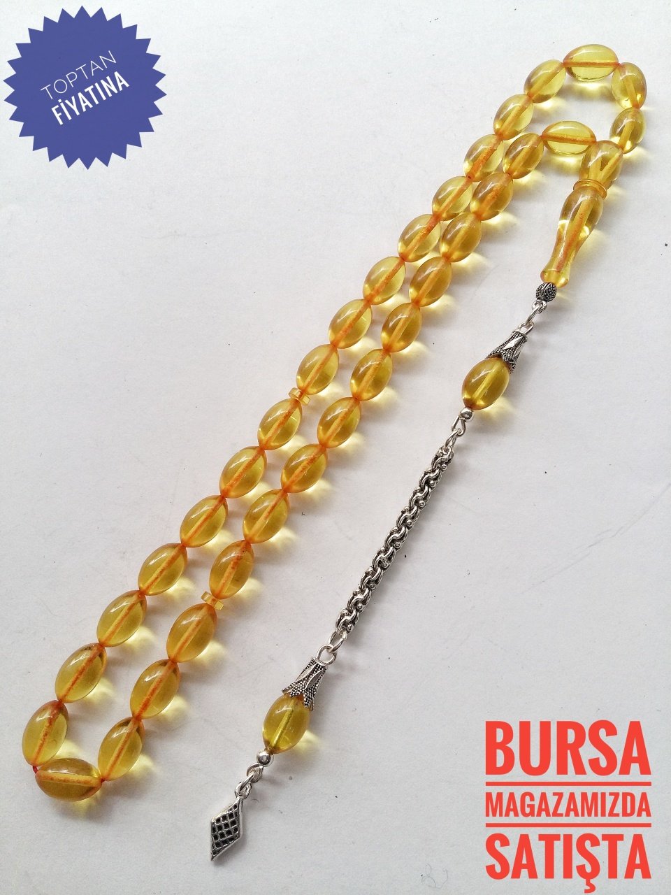 925 Ayar Gümüş Püsküllü Sarı Sıkma Kehribar Tesbih