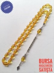 925 Ayar Gümüş Püsküllü Sarı Sıkma Kehribar Tesbih