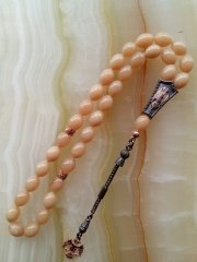 925 Ayar Gümüş Püsküllü Özel İşçilikli Atölye Yapımı Tombul Beyzi Kesim Hareli Sıkma Kehribar Tesbih