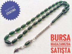 Türbe Yeşili Beyzi Kesim 925 Ayar Gümüş Püsküllü Sıkma Kehribar Tesbih