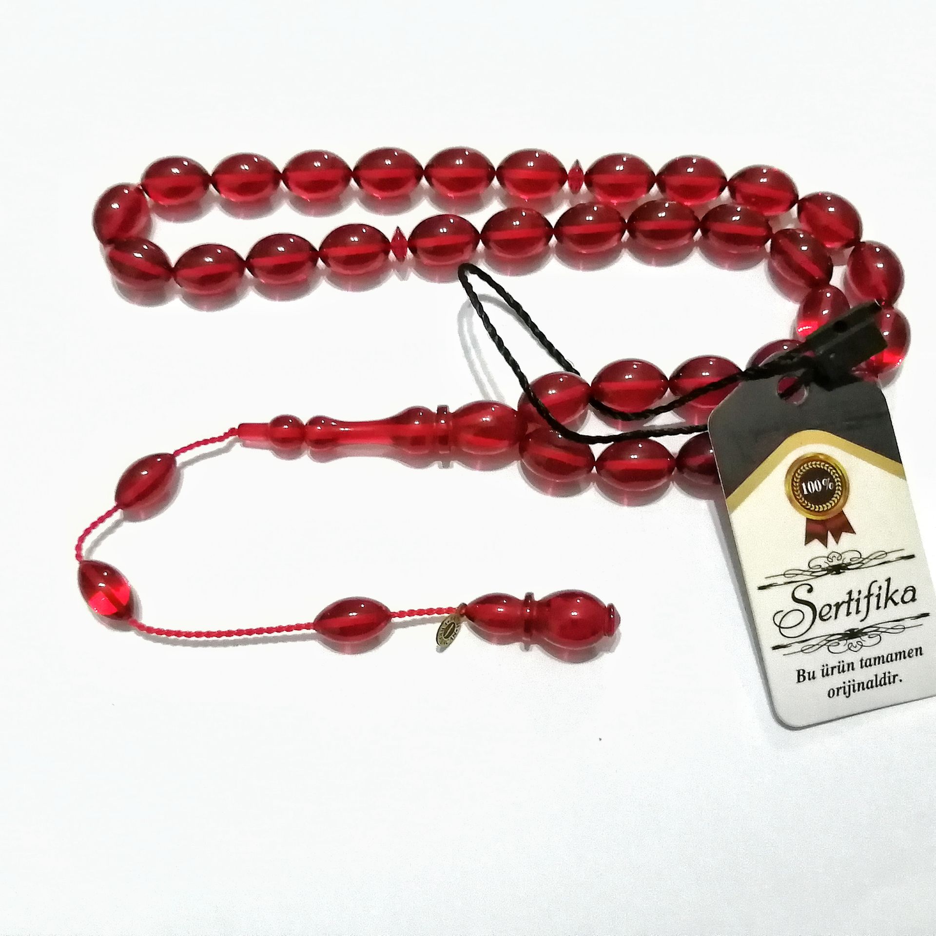 Sistem Püsküllü Alman Förmüllü Beyzi Kesim Kırmızı Ateş Kehribar Tesbih