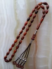 Metal Elişi Kazaz Püsküllü Özel İşçilikli Atölye Yapımı Beyzi Kesim Hareli Sıkma Kehribar Tesbih