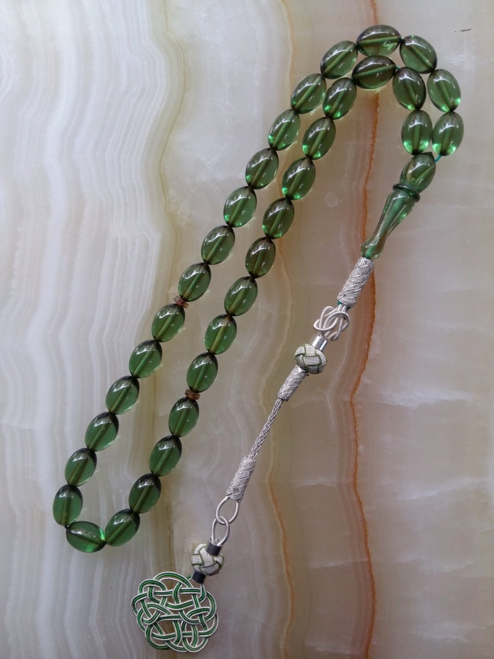 Gümüş Kazaz Püsküllü Özel İşçilikli Atölye Yapımı Beyzi Kesim Ateş Kehribar Tesbih