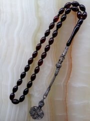 Gümüş Kazaz Püsküllü Özel İşçilikli Atölye Yapımı Beyzi Kesim Ateş Kehribar Tesbih