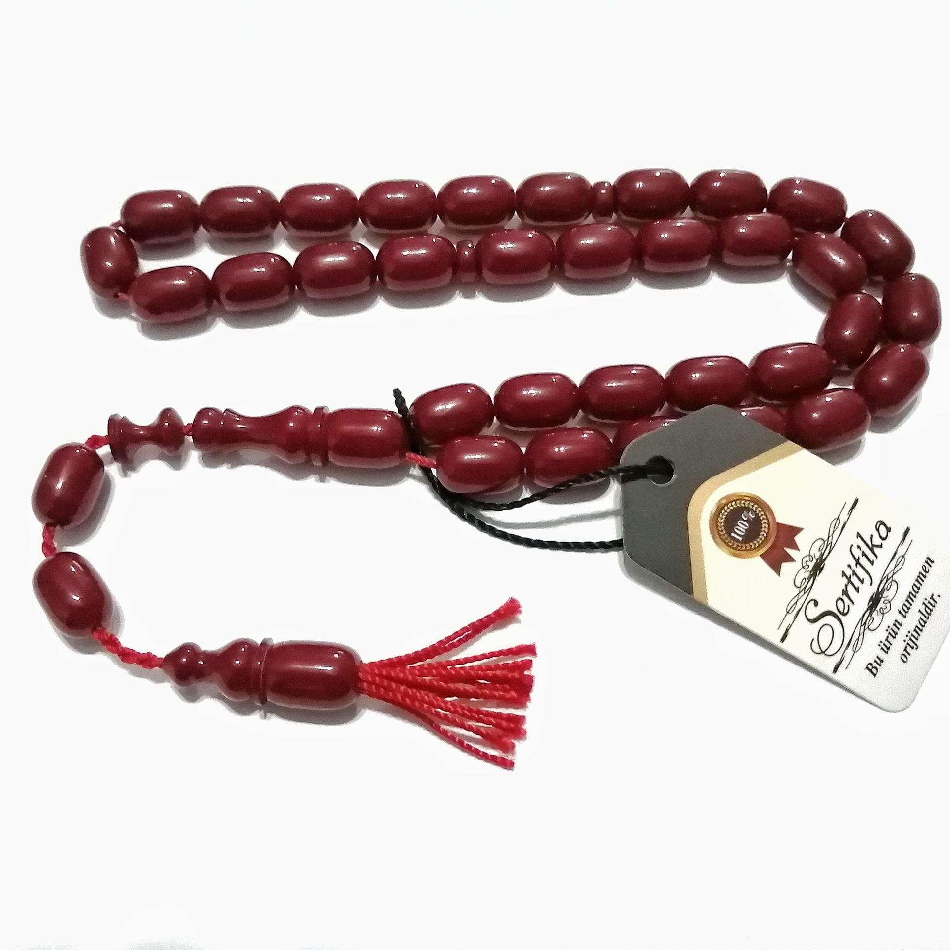 Sistem Püsküllü Kapsül Kesim Vişne Rengi Sıkma Kehribar Tesbih