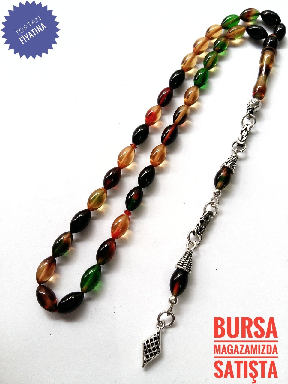 Renk cümbüşü 925 Ayar Gümüş Püsküllü Sıkma Kehribar Tesbih