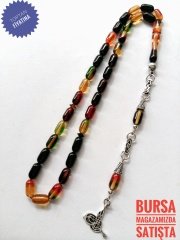 Renk cümbüşü 925 Ayar Gümüş Püsküllü Sıkma Kehribar Tesbih