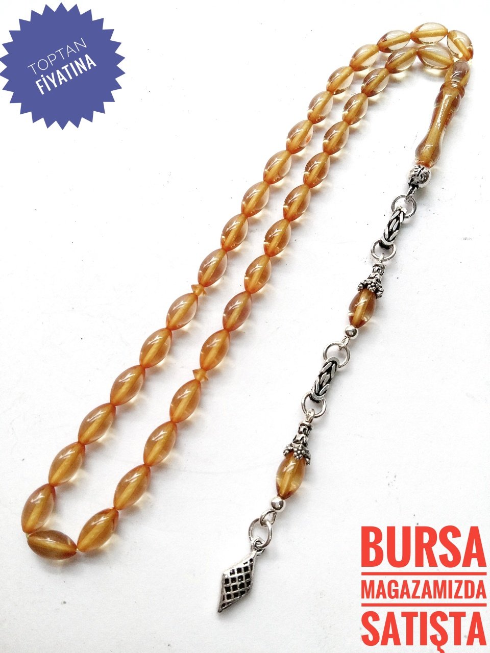 925 Ayar Gümüş Püsküllü Sıkma Kehribar Tesbih