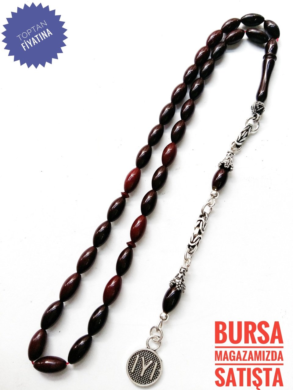 Bordo Renkli 925 Ayar Gümüş Püsküllü Sıkma Kehribar Tesbih