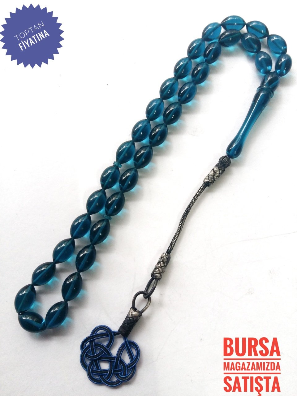 Kazaz Püsküllü Parlament Mavisi Sıkma Kehribar Tesbih