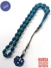 Kazaz Püsküllü Parlament Mavisi Sıkma Kehribar Tesbih