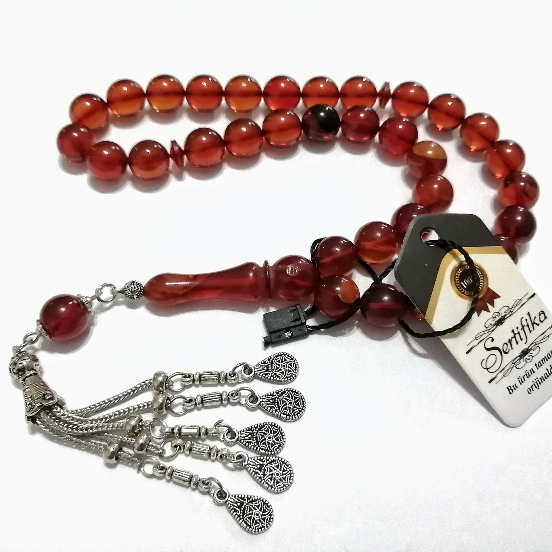 Alpaka Püsküllü Küre Kesim Hareli Sıkma Kehribar