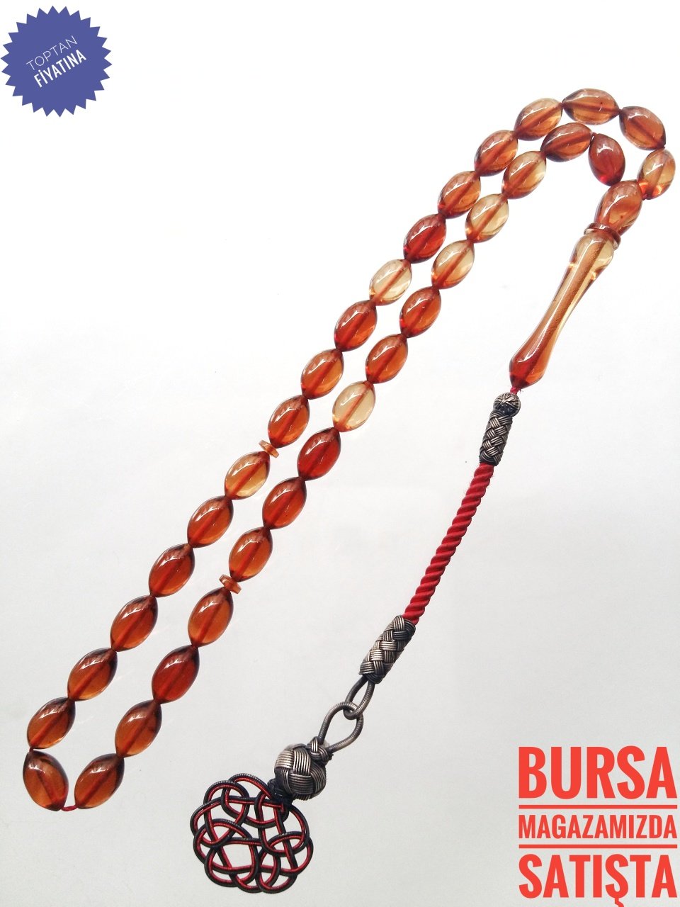 Kazaz Püsküllü Çay Renginde Sıkma Kehribar Tesbih