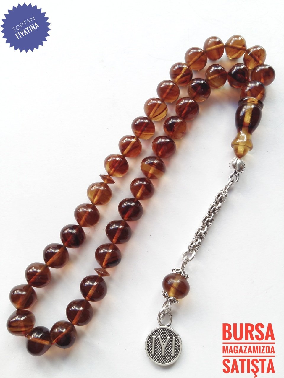 925 Ayar Gümüş Püsküllü Özel İşçilikli Hareli Sıkma Kehribar Tesbih