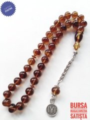 925 Ayar Gümüş Püsküllü Özel İşçilikli Hareli Sıkma Kehribar Tesbih