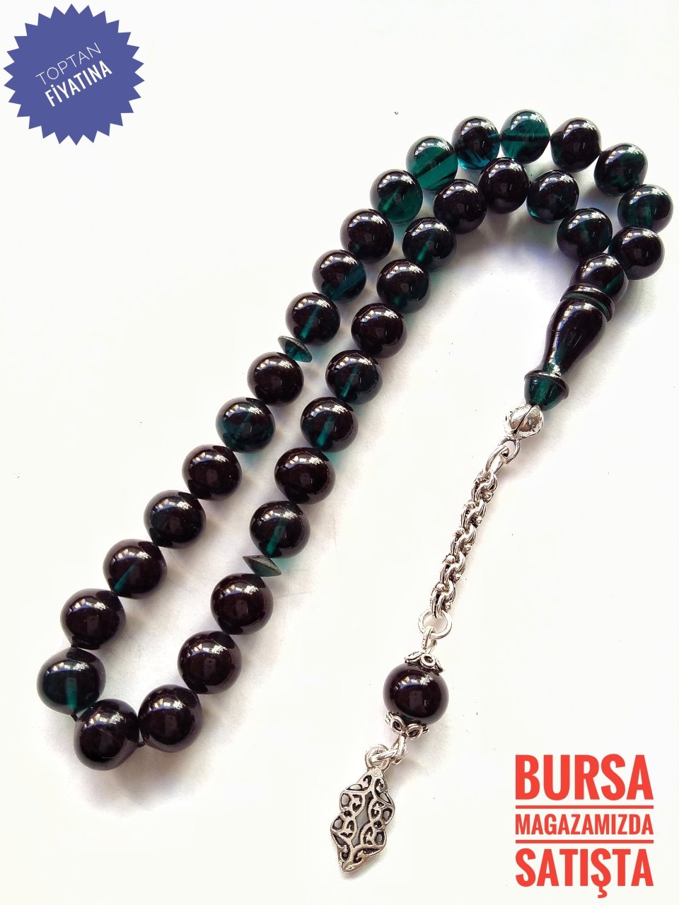 925 Ayar Gümüş Püsküllü Petrol Yeşili Yansımalı Sıkma Kehribar Tesbih