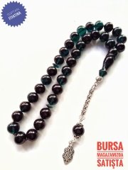 925 Ayar Gümüş Püsküllü Petrol Yeşili Yansımalı Sıkma Kehribar Tesbih