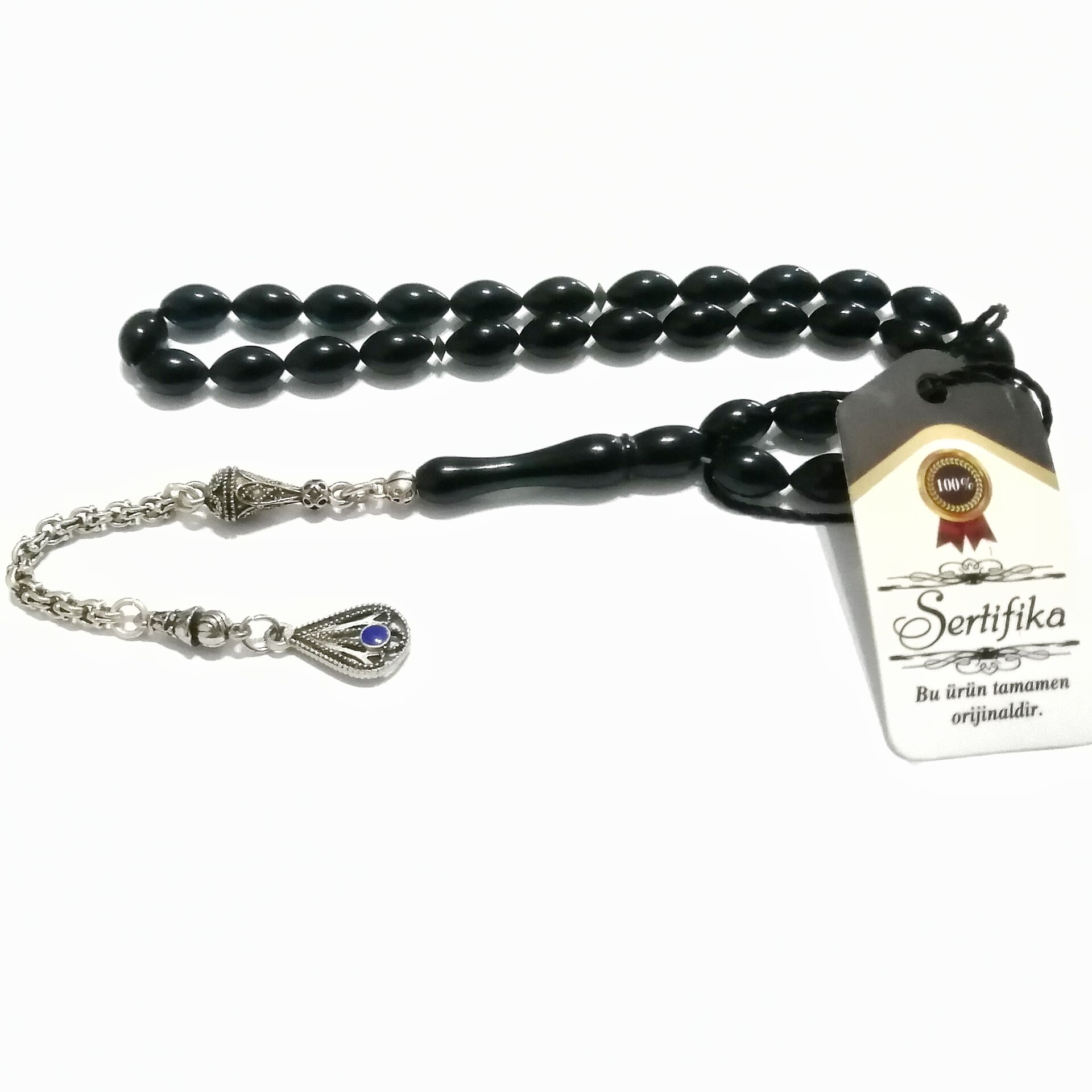 Gümüş Kaplama Alpaka Püsküllü İç Rengi Mavi Beyzi Kesim Ateş Tesbih