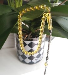 925 Ayar Gümüş Püsküllü Şeffaf  Doğal Su Damlası Kehribar Tesbihimiz Beğeninize Sunulmuştur.