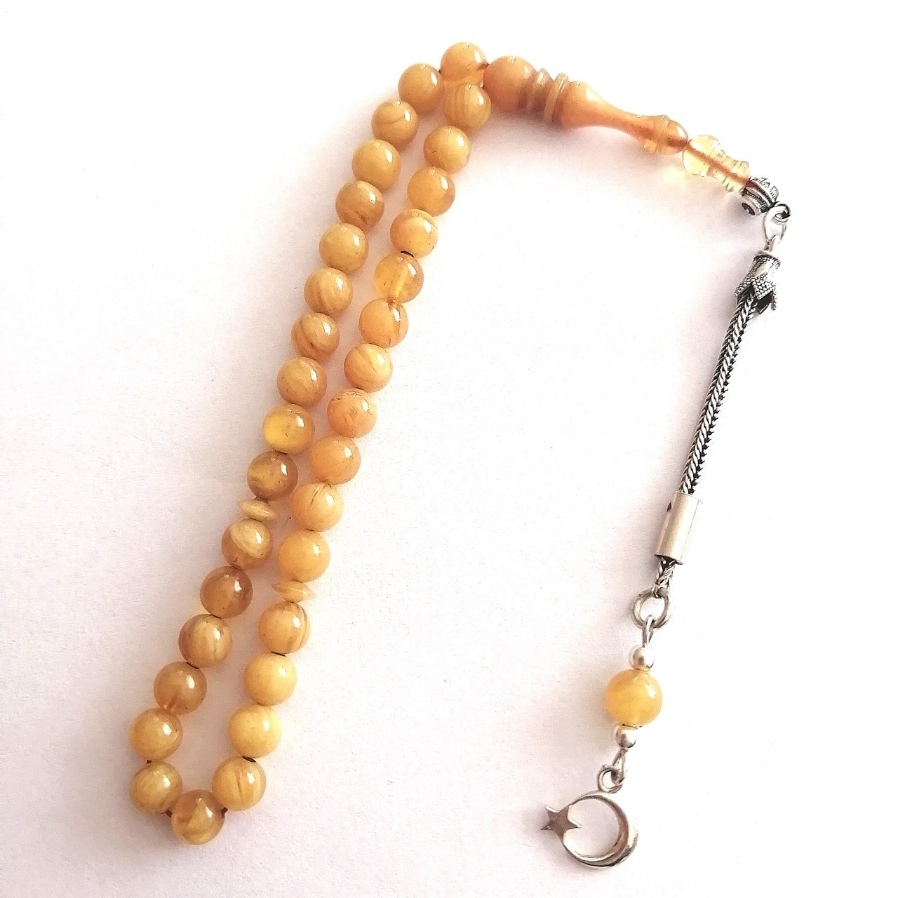 925 Ayar Gümüş Püsküllü  Minik Boy Yeni Döküm Malzeme Sıkma Kehribar Tesbih